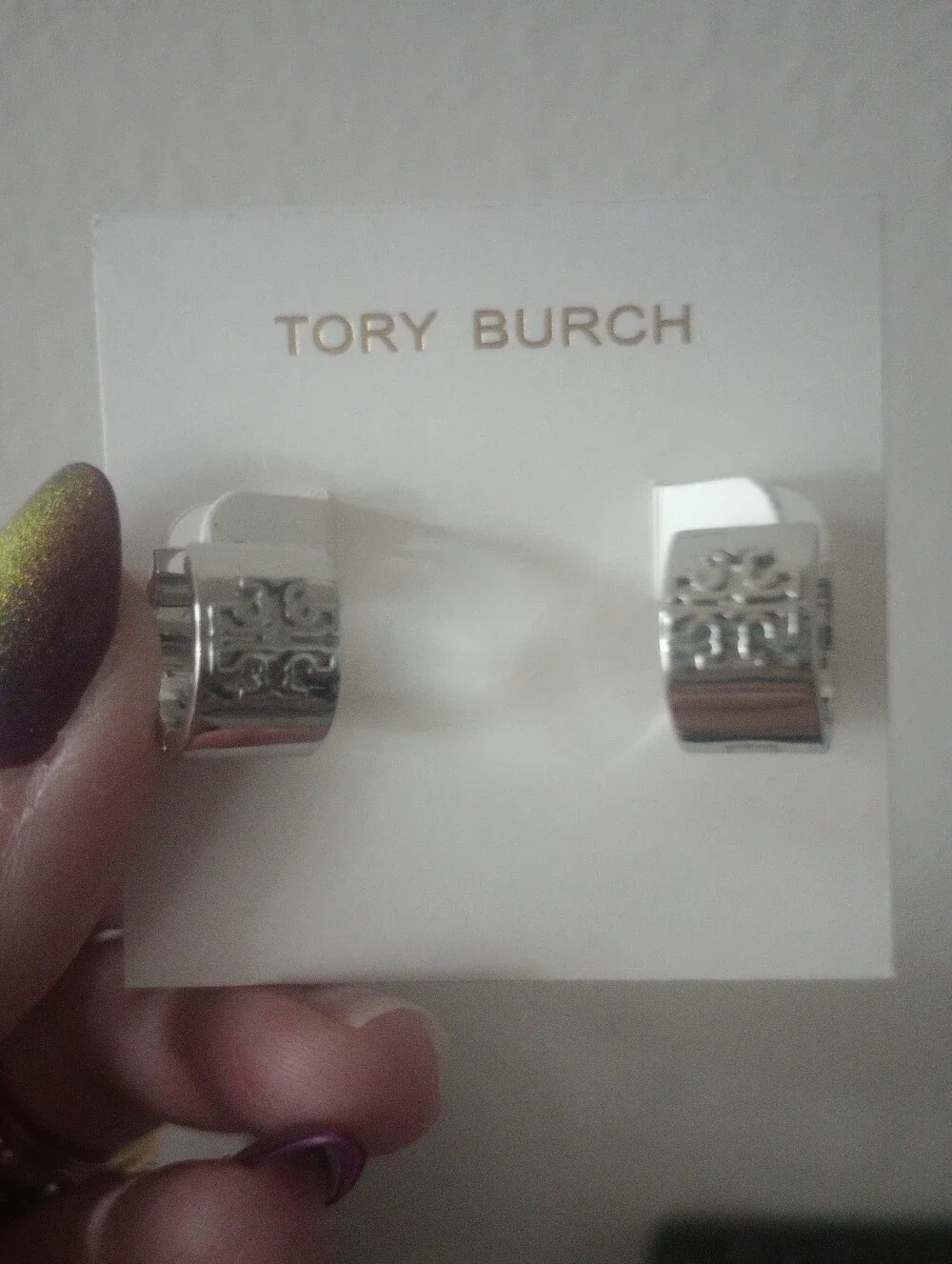 Tory Burch Silver Britten Huggie Earrings